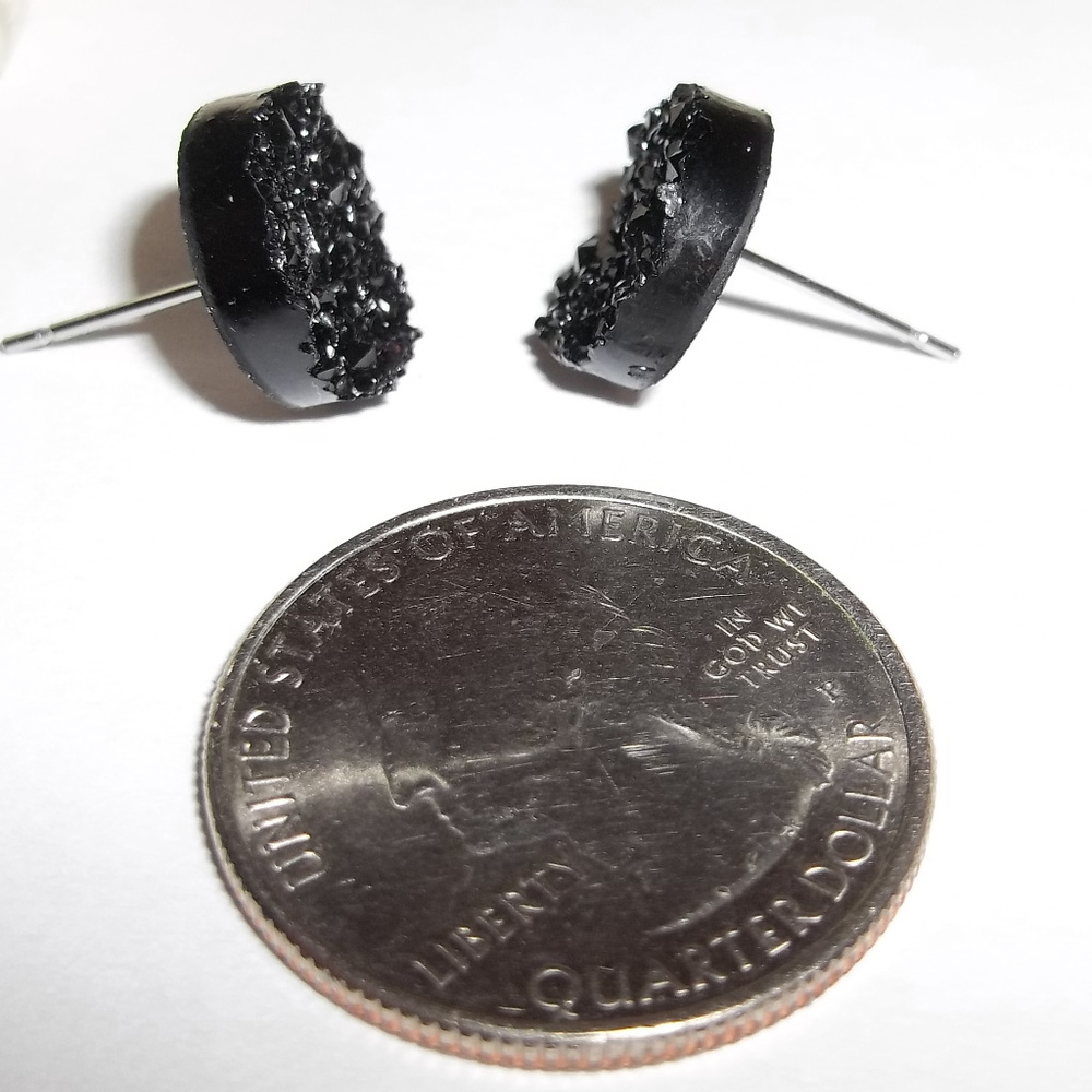 12mm Black Earring Druzy Style Dressy Fashion Unisex Style Stud Minimalist 3840 - Picture 3 of 4